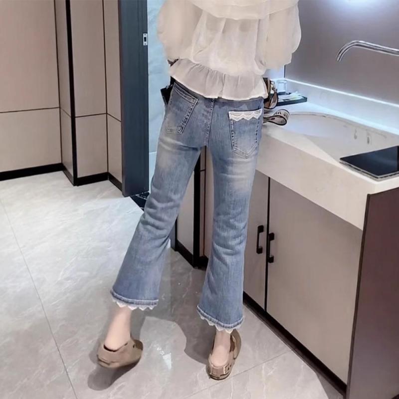 パンツ 女性用 春夏 デニムパンツ 大きいサイズ 小柄対応 九分丈 ハイウエスト 微喇 スリムライン 伸縮性 コットン混 ポリエステル混 ボタン 気質 通勤 個性 ストリート 免?加工 ライトブルー