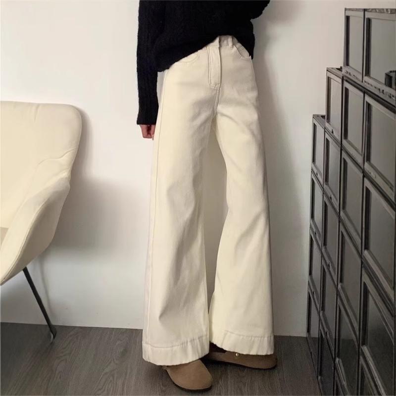 レディース 牛仔パンツ ミルクホワイト 春季 高腰 フレア ワイド ストレート 伸縮性 コットン 再生繊維 薄手 ポケット ゆったり リラックス フィット ロング 軽量 吸湿速乾 免? クラシック スタイル 日常使い 秋冬 対応 ビッグシルエット ハイウ