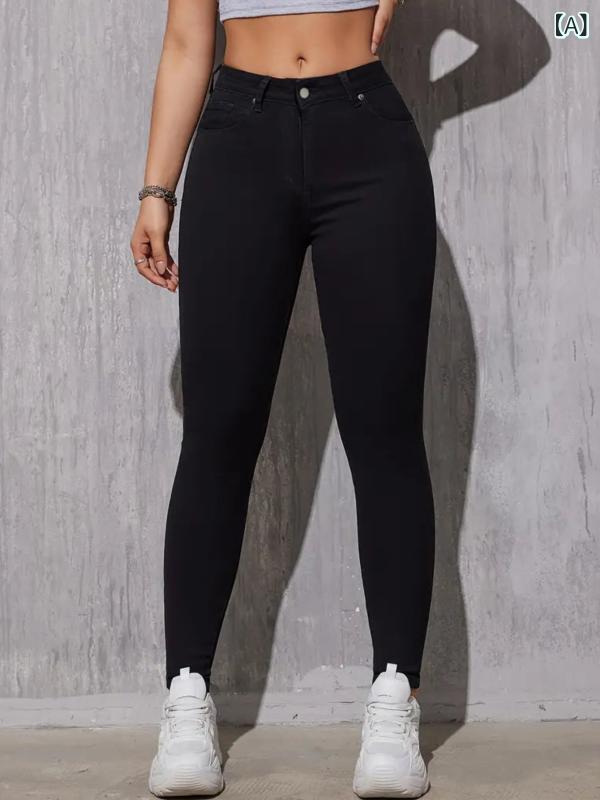 レディース デニムパンツ ミッドライズ ハイウエスト ストレッチ スリムフィット ブラック ロング丈 コットン混 ポリエステル混 シンプル ユニセックス タイトシルエット 日常使い 軽量 通勤 普段着 吸湿速乾 洗い加工 カジュアル デイリー ミッドブル