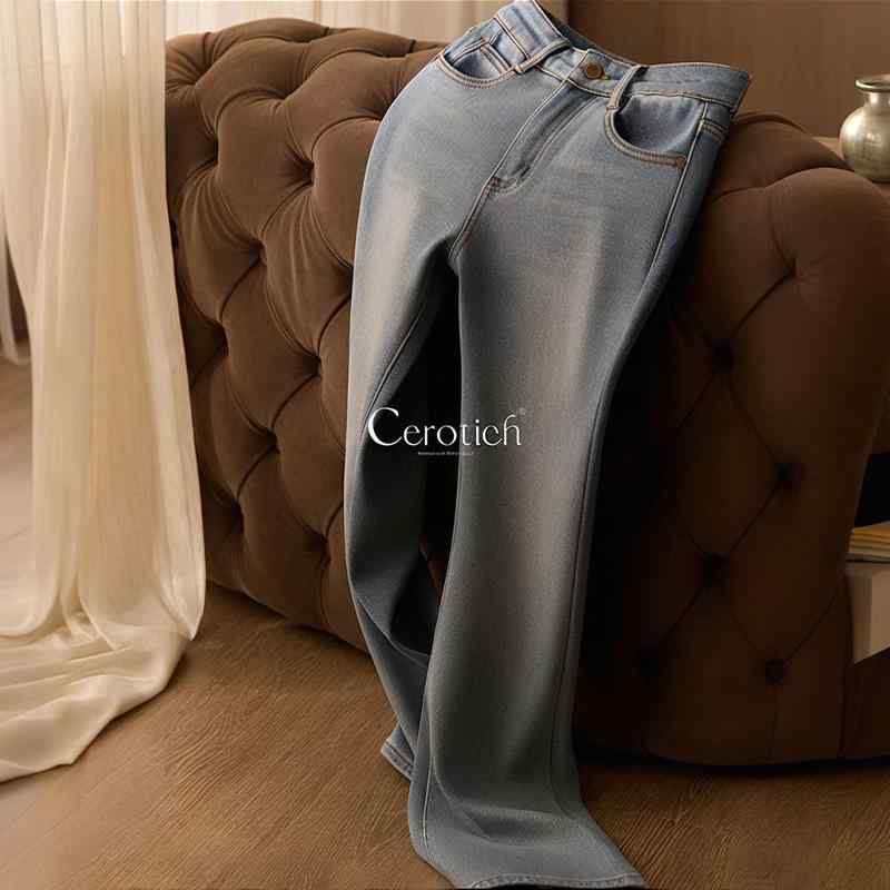 レディース デニムパンツ ミラーパンツ ハイウエスト ストレッチ 厚手 復古 牛仔 コットン 天竺 レイヨン 森ガール スタイル 日韓 カジュアル 秋冬 ロング丈 軽量 吸湿速乾 洗い加工 ブルー 洗いざらえ ディープブルー 普段使い 通勤 通学 大学生