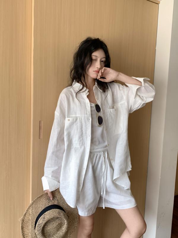 レディース 麻 綿 混紡 夏 長袖 シャツ ショートパンツ セット トップス ボトムス セットアップ 免・聞 ボタン デザイン 純色 麻色 ホワイト ブラック ライトブルー ライトピンク カジュアル スタイル 日韓 風 軽量 通気性 吸湿速乾 スリム 効果｜トミーショップ 店