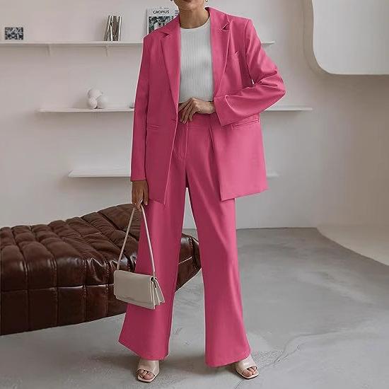 レディース 秋冬 セットアップ スーツ ジャケット ロングパンツ セット 女性用 職業服 通勤服 気質スタイル 快適 ポリエステル 切り替えデザイン ポケット 長袖 シンプル 無地 ミリタリーグリーン 赤 ブラウン ブルー ピンク ブラック ベージュ グ