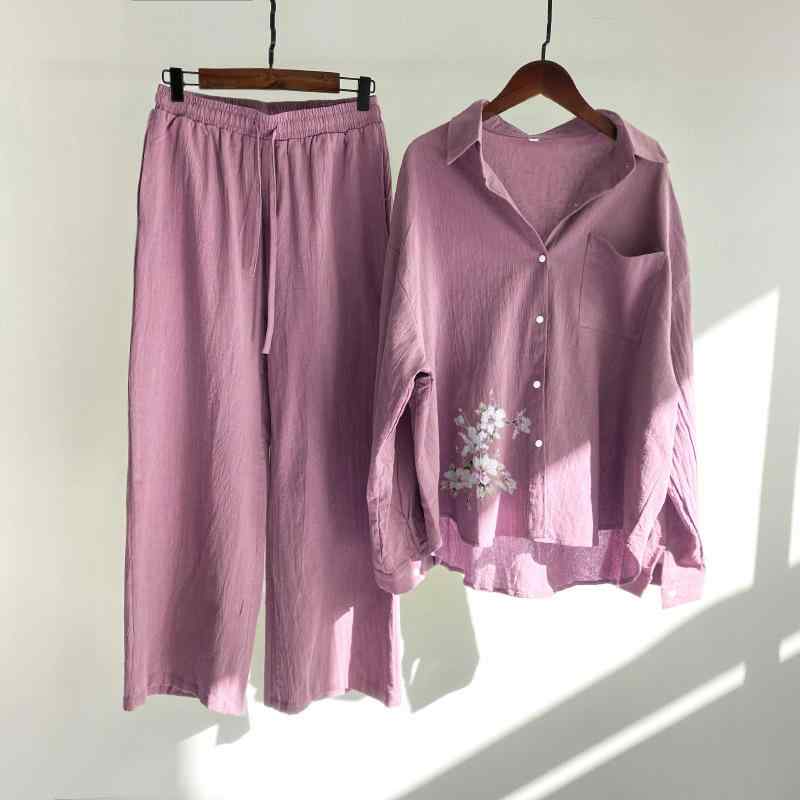レディース トップス シャツ セット 綿麻素材 接触冷感 切り替え 印花柄 ロングスリーブ ハイウエスト ワイドパンツ 九分丈 ポケット付き 通勤 普段使い 都市スタイル かわいい 気質 快適 軽量 伸縮性 吸湿速乾 貴妃ピンク 柔雅アーモンド オリーブ