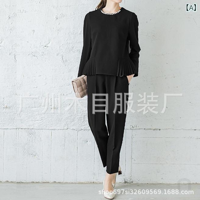 レディース 西服セット 日系 プリーツ ヘム トップス ハイウエスト ストレートパンツ セット ブラック ネイビー カーキ ポリエステル 素材 長袖 長丈パンツ 通勤用 普段使い 気品 優雅 スタイル セットアップ