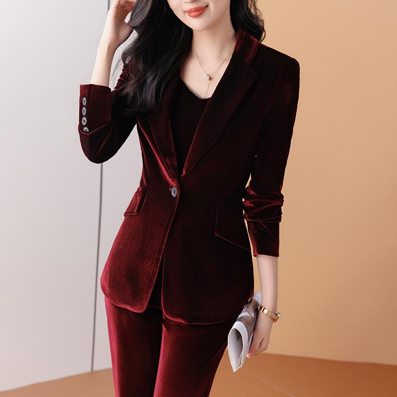 レディース スーツセット 金糸ベルベット 職業服 韓風 早秋 御姐風 スリム フラワーパンツ ツーピース 紫 赤 紺 緑 ポリエステル スパンデックス 長袖 ロングパンツ ストレッチ 通勤 ビジネス 秋 セットアップ テーラード スリムフィット