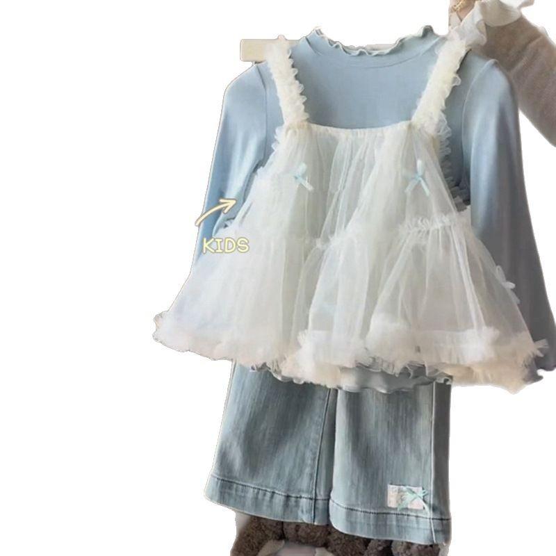子供用セットアップ 春秋 女の子 吊りスカート付きトップス デニムパンツ 3点セット かわいい おしゃれ 普段着 公園着