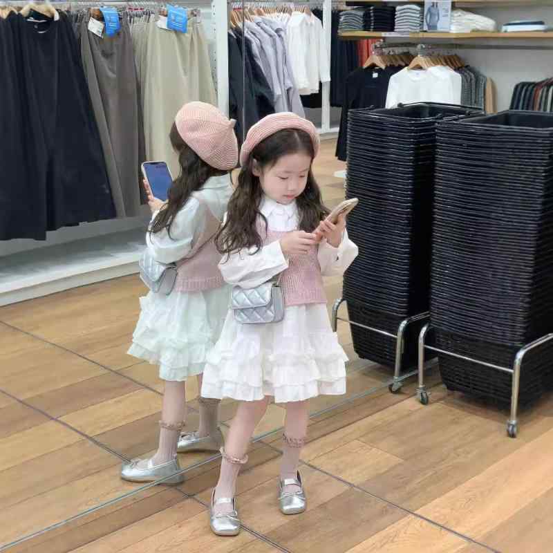 ワンピース 女の子 子供服 2点セット 長袖シャツ チュニック レース 春秋 コットン混紡 ニットベスト ピンク系