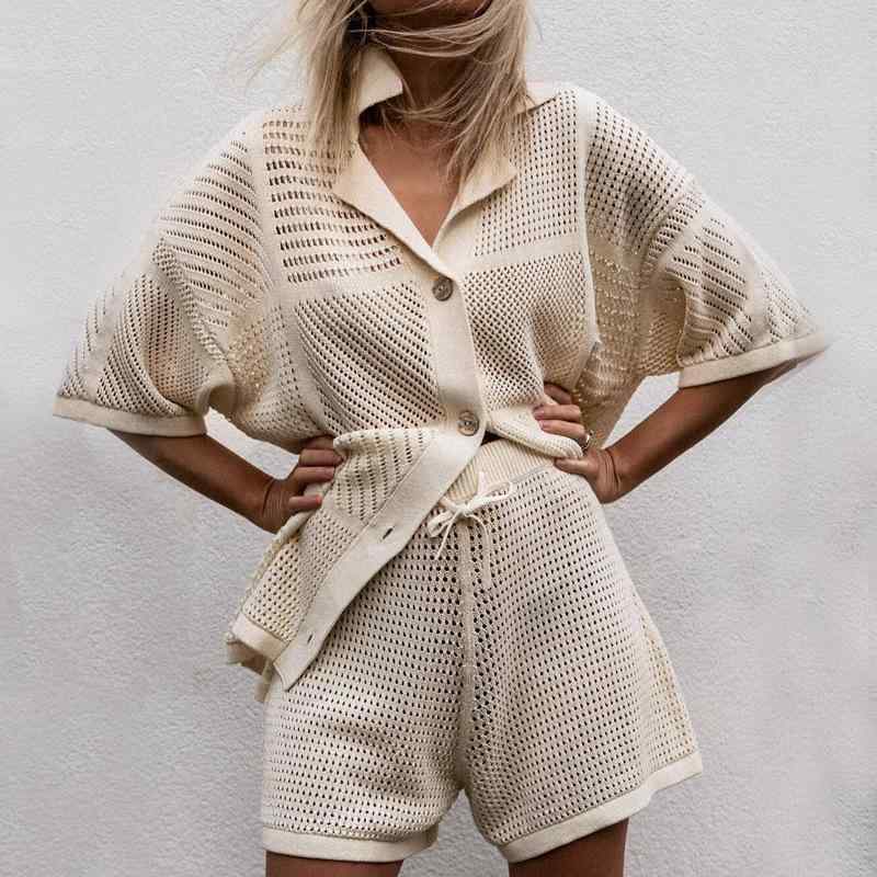 レディース トップス セット 短袖 Vネック トップス ショートパンツ 純色 クロシェ レース 切り抜き デザイン 綿 混 ストレッチ 素材 乳白色 快適 夏用 日常 スポーツ ユース 軽量 吸湿速乾 機能(x3)