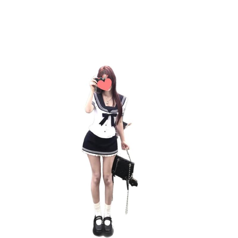 レディース 学院風 ネイビー 襟 ウエストシェイプ シャツ トップス セット 夏 荷葉エッジ ショートスリーブ ハイウエスト Aライン ミディスカート 純色 蝶結び 切り替え ?? ポリエステル 素材 軽量 吸湿速乾 気質 優雅 日韓 スタイル 休? 女