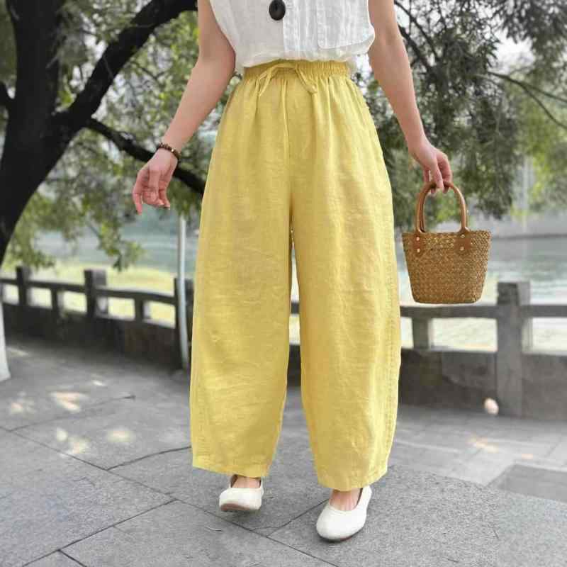 レディース 直筒パンツ 九分丈 麻 接触冷感 伸縮なし 赤 ブラック ベージュ イエロー 夏 春夏 松緊腰 ドローストリング ゆったりシルエット 軽量 通勤 普段使い カジュアル 部屋着 アウトドア 遮肉 スリム 百搭 気質 日韓風(x5)