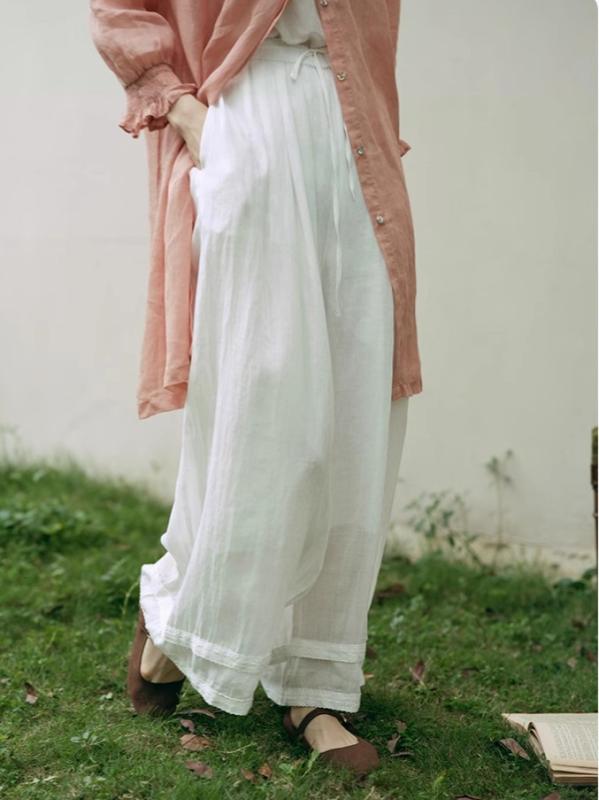 レディース 麻 レース バルーンパンツ ゴムウエスト ゆったり リラックス スタイル ボヘミアン 夏服 ロング ストレート レギュラー ホワイト 軽量 通気性 吸湿速乾 女性用 カジュアル トップス コーデ 日常使い シンプル ナチュラル ファッション