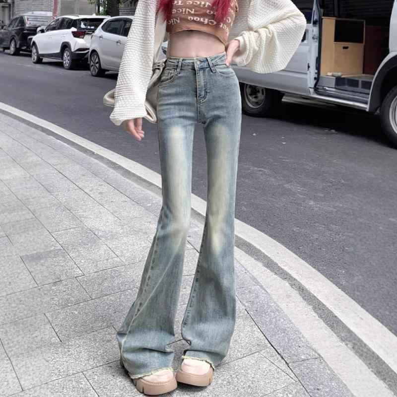 デニムパンツ レディース 秋冬 復古 高腰 微喇 馬蹄型 伸縮性 修身 スリム 綿素材 水洗加工 ライトブルー 長丈 普段使い カジュアル ハイウエスト ビッグシルエット 軽量 通勤対応 アウトドア