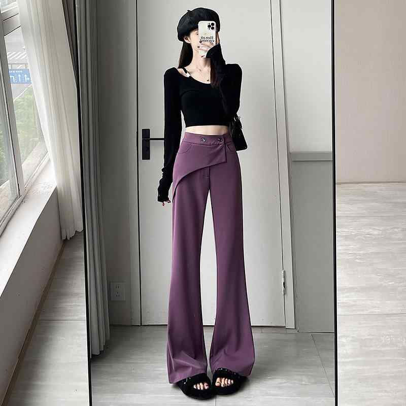 パンツ レディース 婦人服 デザイン テーパードパンツ ラッパズボン スラックス スカート付き ハイウエスト 美脚 ロングパンツ ポリエステル 無地 秋 カーキ色 紫色 黒 ブラック きれいめ 通勤 オフィス