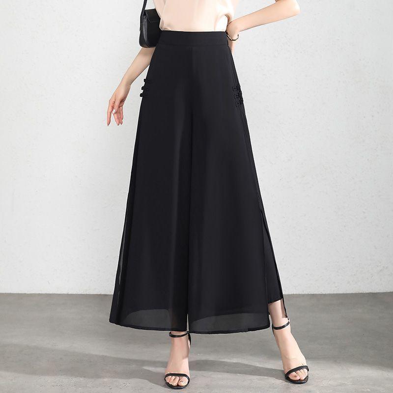 パンツ レディース スカート付きワイドレッグパンツ 春夏 薄手 ポリエステル 高見え ハイウエスト Aライン 九分丈 ゆったり 快適 ブラック レッド ベージュ 通勤 きれいめ 美脚