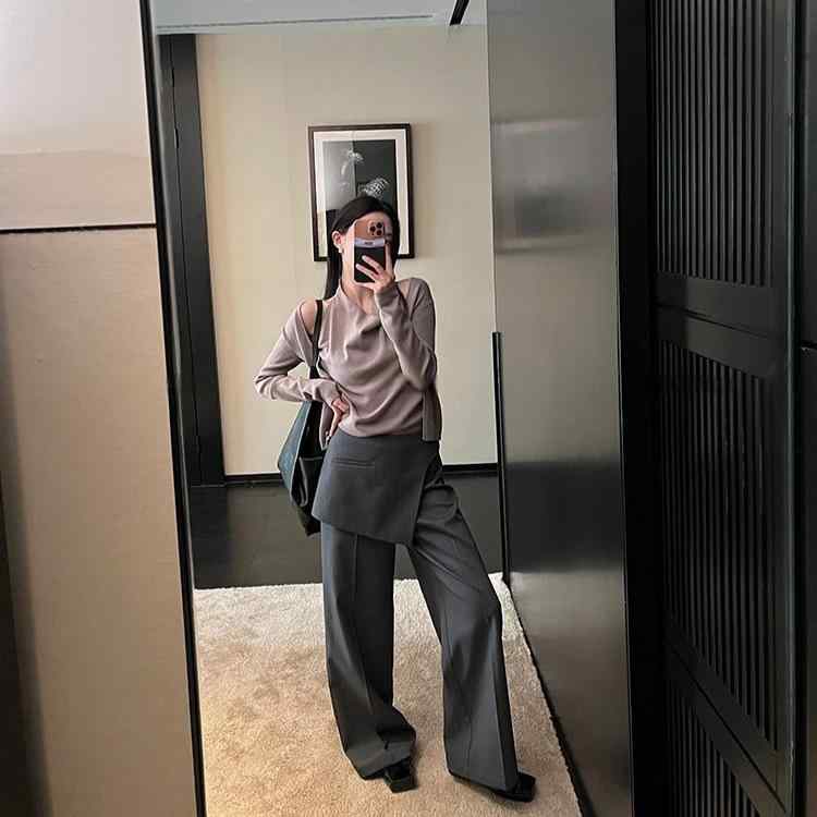 パンツ レディース スカート付き layered風 ワイドレッグパンツ 高層ビル ポリエステル 静謐グレー 通勤スタイル