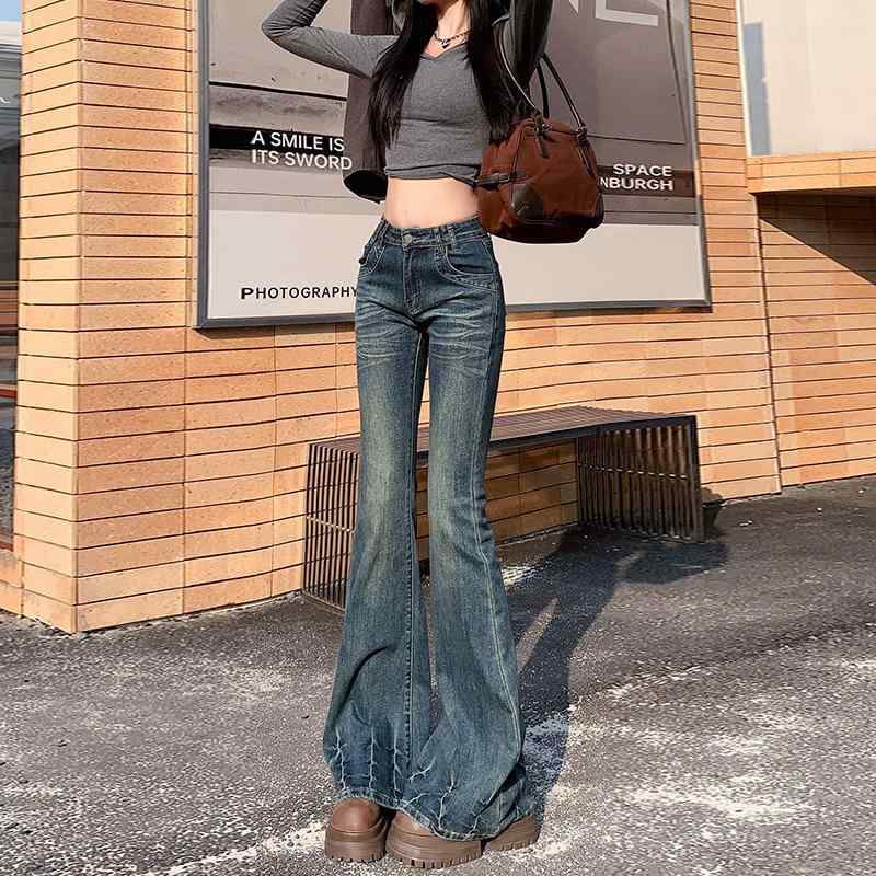 レディース デニムパンツ 復古風 ブルー ロング丈 ハイウエスト 微喇形 伸縮性 接触冷感 水洗加工 春夏 通勤用 普段使い 軽量 綿混 切り替えデザイン カジュアルスタイル ビッグシルエット 吸湿速乾