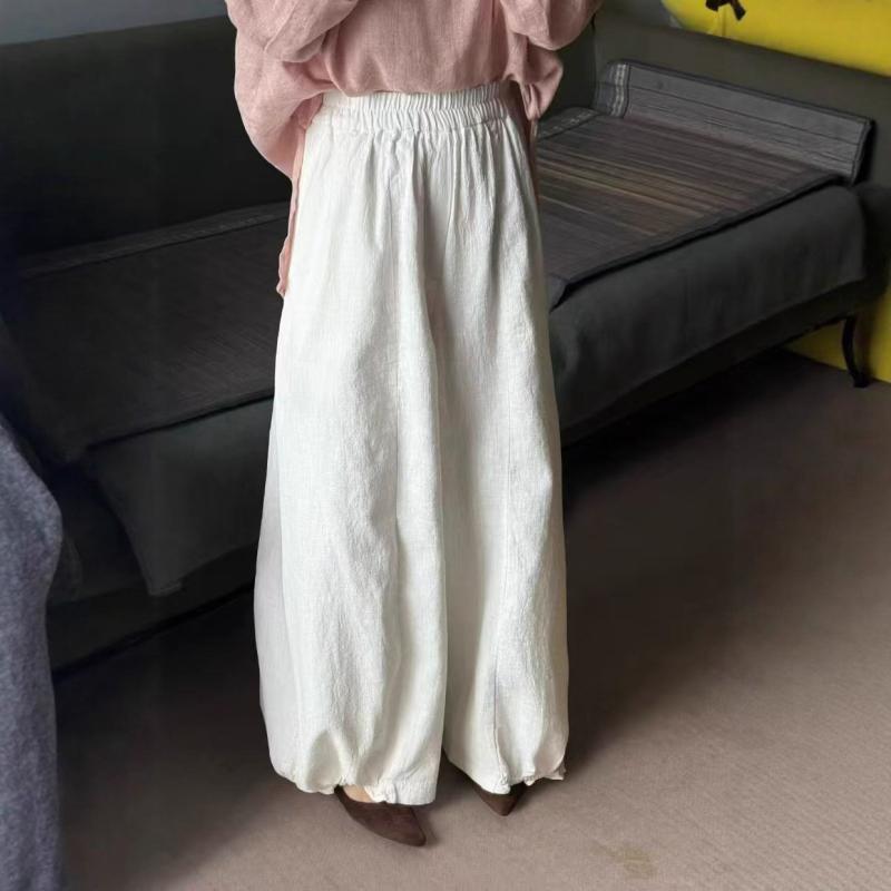 レディース 広々としたズボン下 麻原材料 灯?ズボン下 レトロ ゆったり ワイドレッグ 直筒 ロングズボン下 松緊腰 花辺 薄っぺら 押し付ける製作 無弾力性 純色 黒いこと グースイエロー 生薑黄色 白いこと 薄墨色 オレンジ色 赤いこと 赤銅色 自然的色つや (x3)