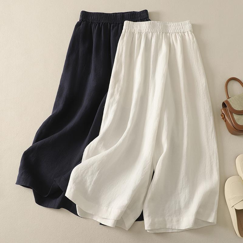 パンツ レディース リネン ワイドレッグ スラックス 夏 涼しい 9分丈 ハイウエスト ゆったりサイズ 文芸風 綿麻 白色 紺色