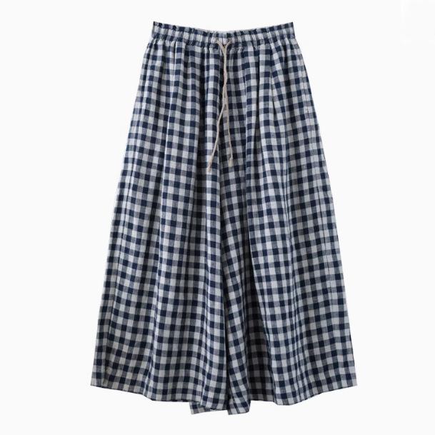 パンツ レディース 春夏 リネン 100% 9分丈 ワイドレッグパンツ 格子柄 リラックスパンツ 涼しい イージーパンツ ウエストゴム ゆったり おしゃれ カジュアル 通勤 ブルー系
