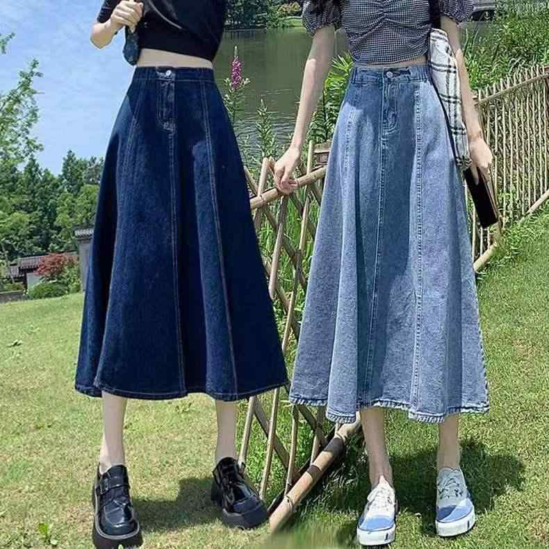 スカート レディース デニム Aラインスカート ミモレ丈 ハイウエスト 伸縮性 コットン 普段使い 春秋 深青色 浅青色