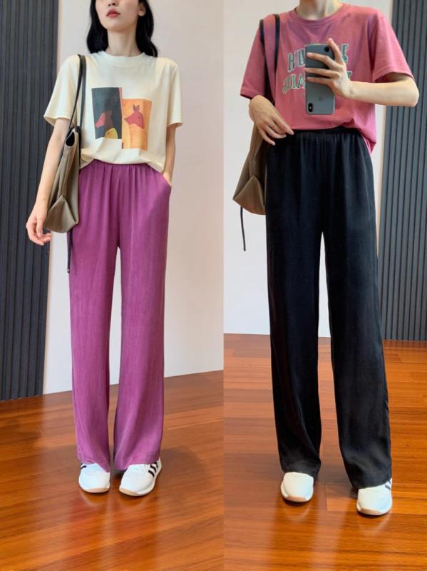 レディース ワイドパンツ クロップドパンツ ロングパンツ ハイウエスト ストレートパンツ ゆったりシルエット スリム効果 女性用 休日用 日常使い 再生繊維 接触冷感 中厚 微弾性 ポケット付き ブラック ラズベリーピンク 2025夏 新作｜トミーショップ 店