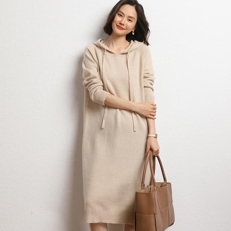 編み物衣裳 レディース 秋冬 カシミール混紡 ボンネット付き添い人 ロング丈 編み物衣裳 無地 表着 ティーシャツ ゆったり 伸び伸びする 通勤着
