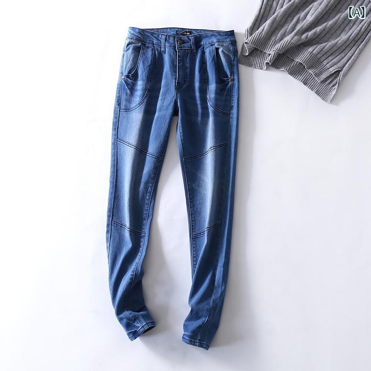 レディース 牛仔パンツ 九分丈 細脚 ミッドライズ 綿混 ストレッチ 膝切り替え ライトブルー ウォッシュ加工 ファブリック加工 軽量 吸湿速乾 都市カジュアル 普段使い 25-29歳向け 女性用 デニム ペンシルパンツ スレンダーシルエット 春夏 秋冬(x3)