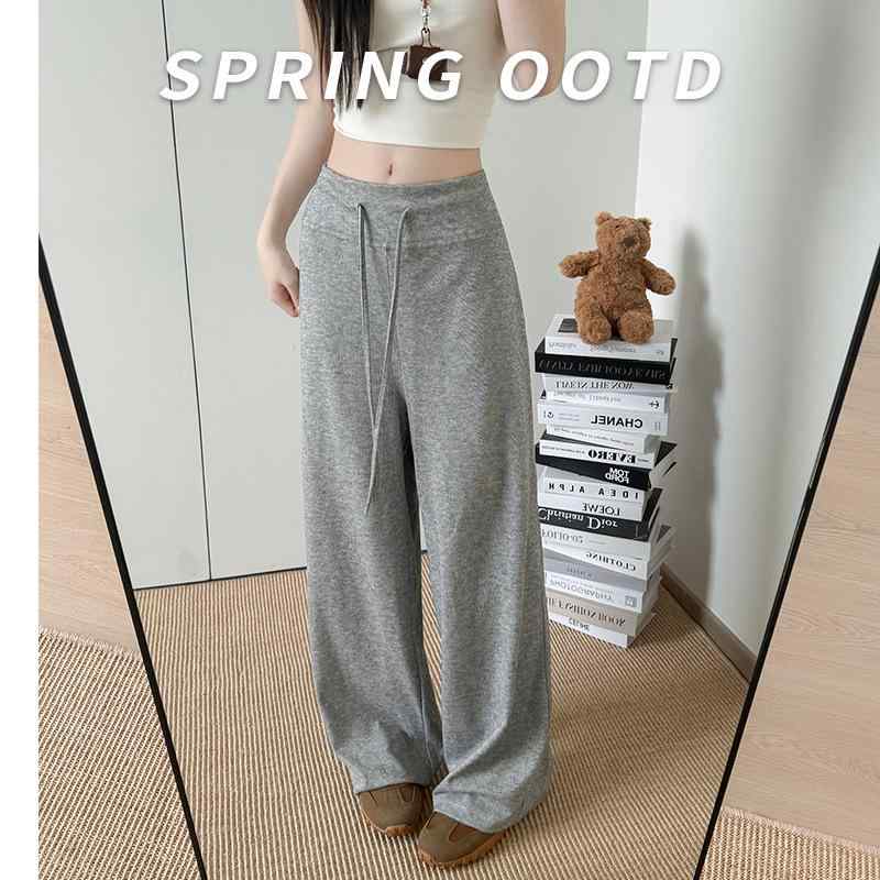 パンツ レディース 春秋 高身長 高見え リラックス ゆったり ストレート ズボン ゴム ウエスト 調整 ポリエステル レーヨン 混紡 薄手 灰色 黒色 コーヒー色