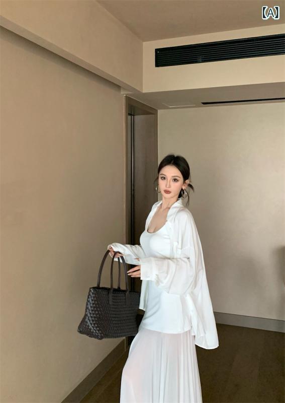 レディース ワンピース セット 法式 優しい スタイル インナー フィット タンクトップ ロングドレス 長袖 UVカット 白 シャツ 女性 夏 セット コットン 透け感 切り替え デザイン 長め丈 ゆったり シルエット 日韓 カジュアル トップス スカー