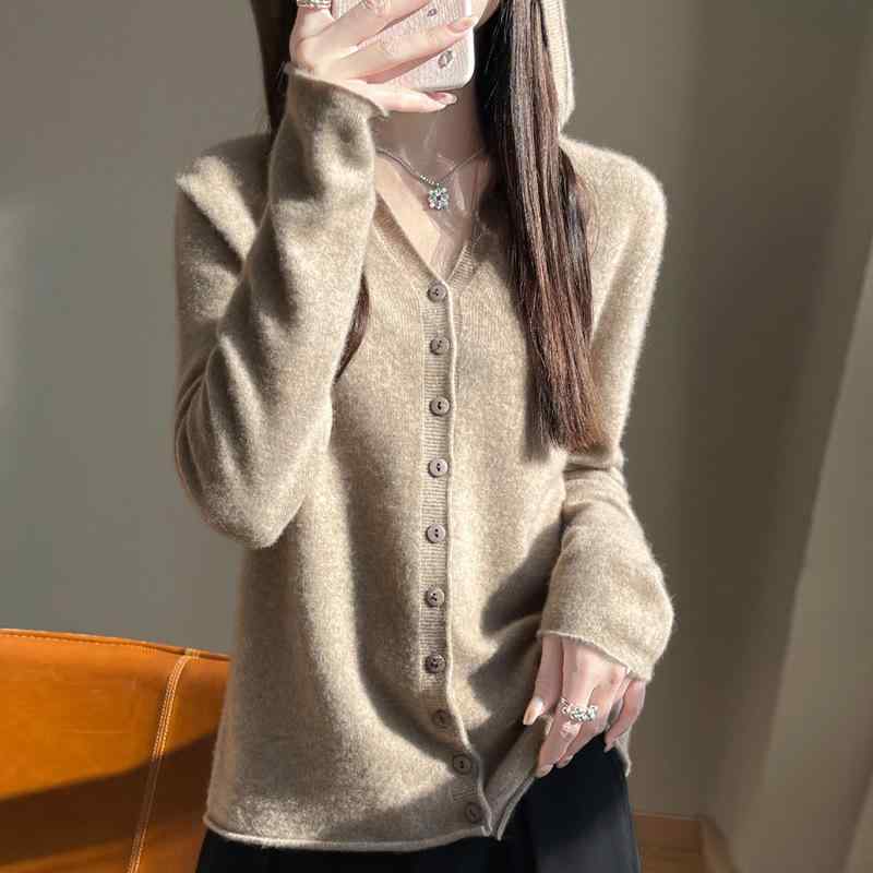 ニットカーディガン レディース フード付き ポリエステル 無地 長袖 トップス アウター 羽織り 上着 ベージュ ピンク系 キャメル 秋冬 オフィス カジュアル きれいめ エレガント