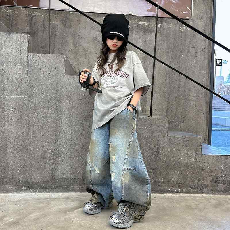 子供用セットアップ 韓国風 ガールズ 半袖トップス デニムパンツ 8歳以上 夏 灰色 ゆったり かわいい