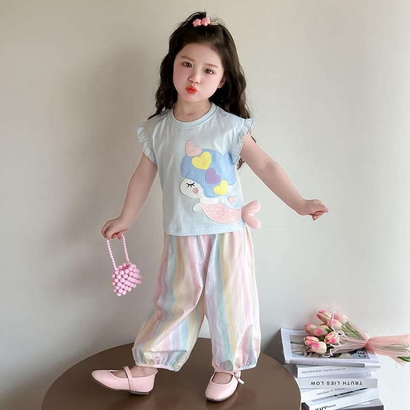 子供用Tシャツ パンツセット 女の子 夏物 半袖 短パン 上下セット かわいい マーメイドプリント 薄手 ピンク系 ブルー 90 100 110 120 130 140cm