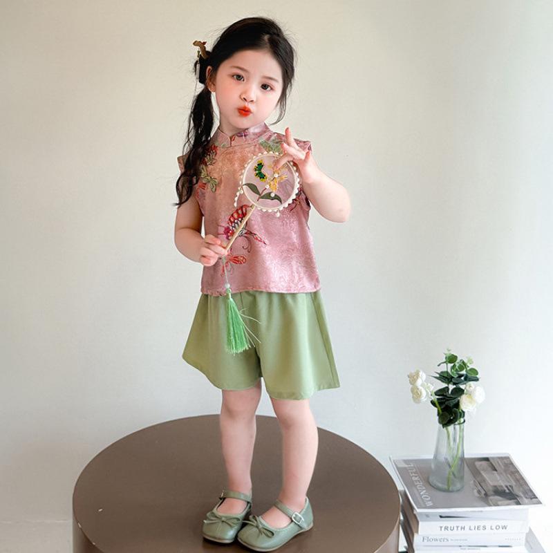 子供用セットアップ チャイナドレス 薄手 2点セット 女の子 夏 中華風 綿混紡 9分丈パンツ トップス 90 100 110 120 130 140cm 4,884円