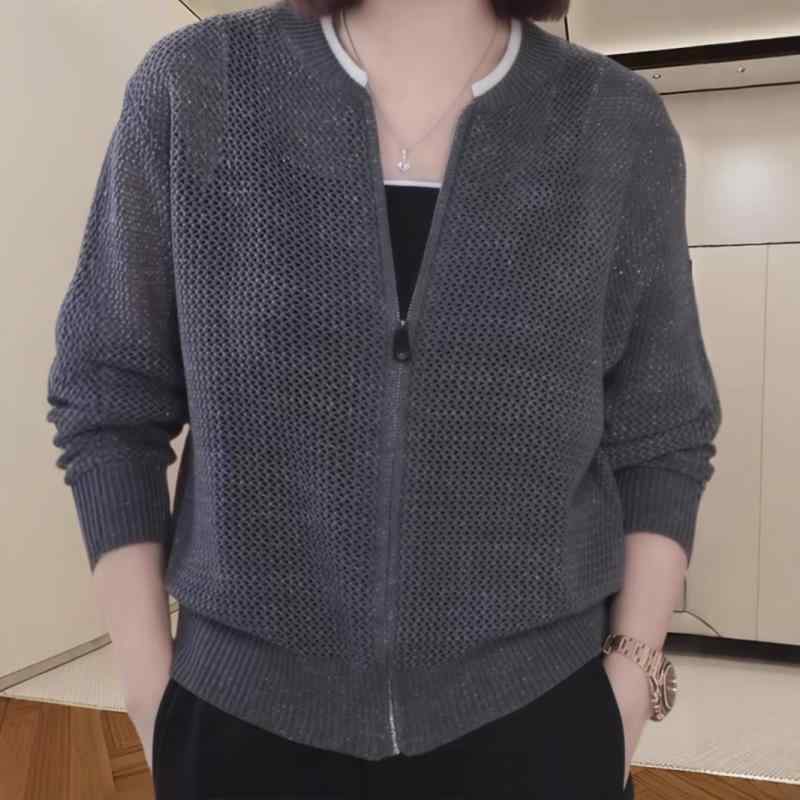 ニット レディース カーディガン 長袖 春 トップス プルオーバー ラウンドネック ゆったり 薄手 あったか 深灰色 通勤着 普段使い