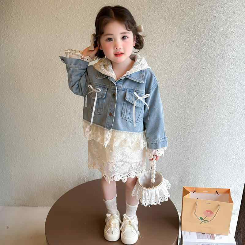 子供用セットアップ 女の子 デニムジャケット レース ワンピース 2点セット 春秋 かわいい ガールズ カジュアル
