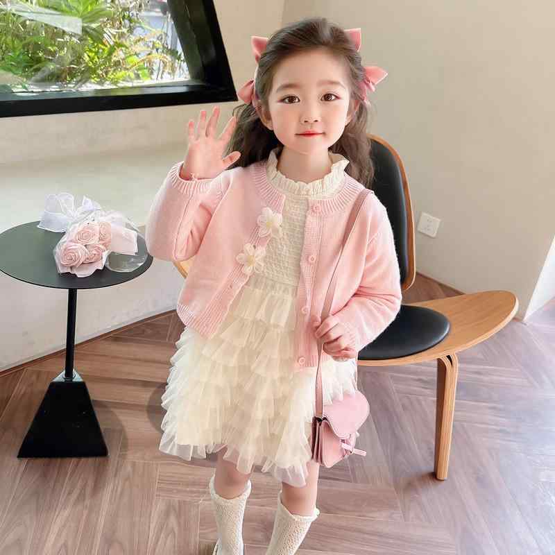 子供服 ニットカーディガン ケーキスカート セットアップ 春秋 女の子 チュールワンピース プリンセススタイル ピンク系 グリーン
