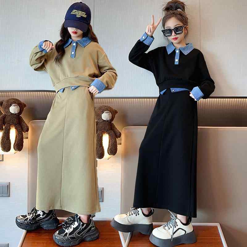 子供用セットアップ デニム切り替え ワンピース&トップス 長袖 学院風 春秋 グレーグリーン 黒 120cm 130cm 140cm 150cm 160cm 170cm