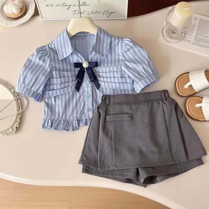 キッズ 女の子 ストライプ柄 シャツ ショートパンツ 上下2点セット 韓国風 子供服 薄手 夏 ブルー 綿80%