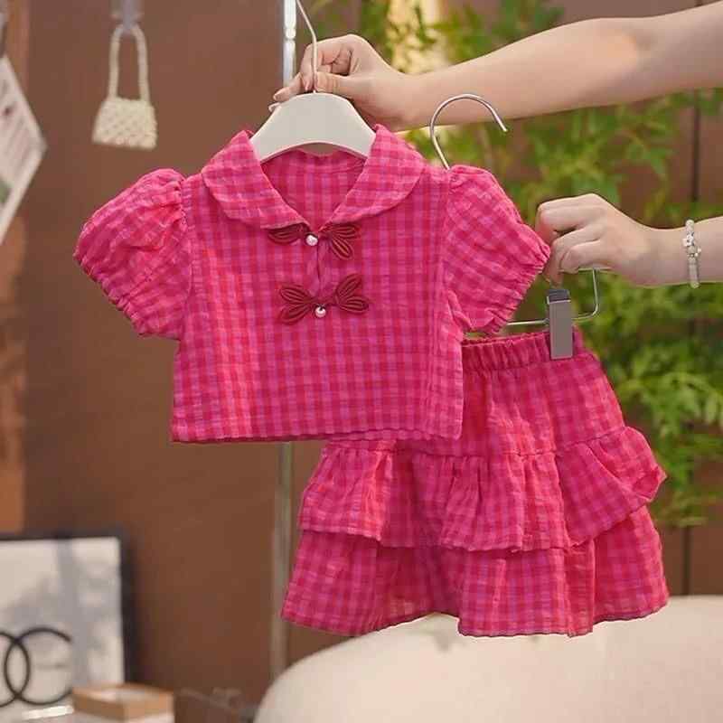 子供服 セットアップ 女の子 夏物 半袖 チェック柄 スカート 上下セット かわいい おしゃれ キッズ カジュアル 普段着