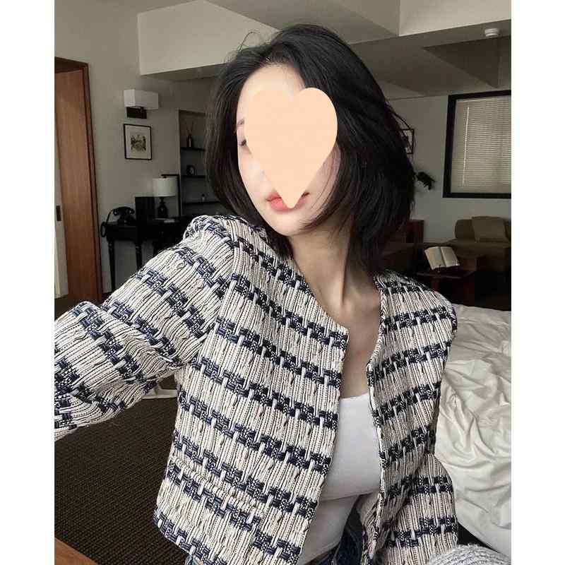 ジャケット レディース 配色 ストライプ ツイード 春秋 高級感 気質 エレガント ショート丈 トップス 長袖 丸首 通勤 オフィス きれいめ