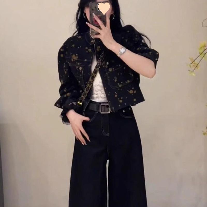 デニムジャケット レディース レトロ 花柄 プリント ショート丈 Gジャン アウター カジュアル ブラック 秋冬