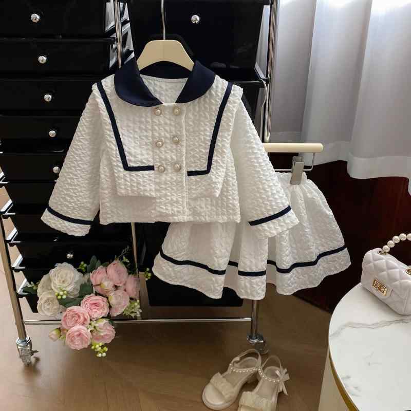 子供用セットアップ スカートセット 春秋物 韓国風 子供服 女の子 ツーピース 学院風 かわいい おしゃれ 白 90 100 110 120 130 140cm