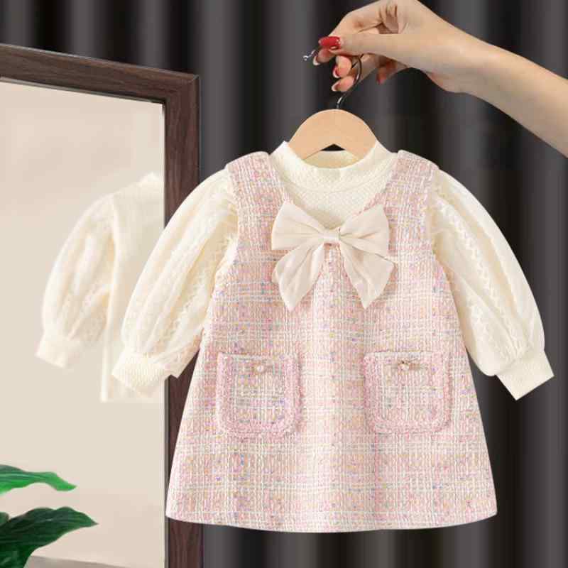 ワンピース キッズ 女の子 子供 小香風 プリンセス スカート セットアップ ベビー ドレス 礼服 格子柄 Aライン 長袖 綿71% ピンク系 春秋 冬