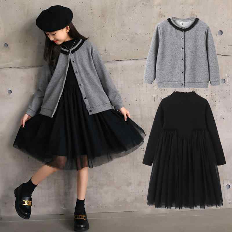 ワンピース キッズ 女の子 春秋 子供服 2点セット：長袖カーディガン 膝丈ワンピース セットアップ 無地 ブラック グレー 120cm 130cm 140cm 150cm 160cm 165cm