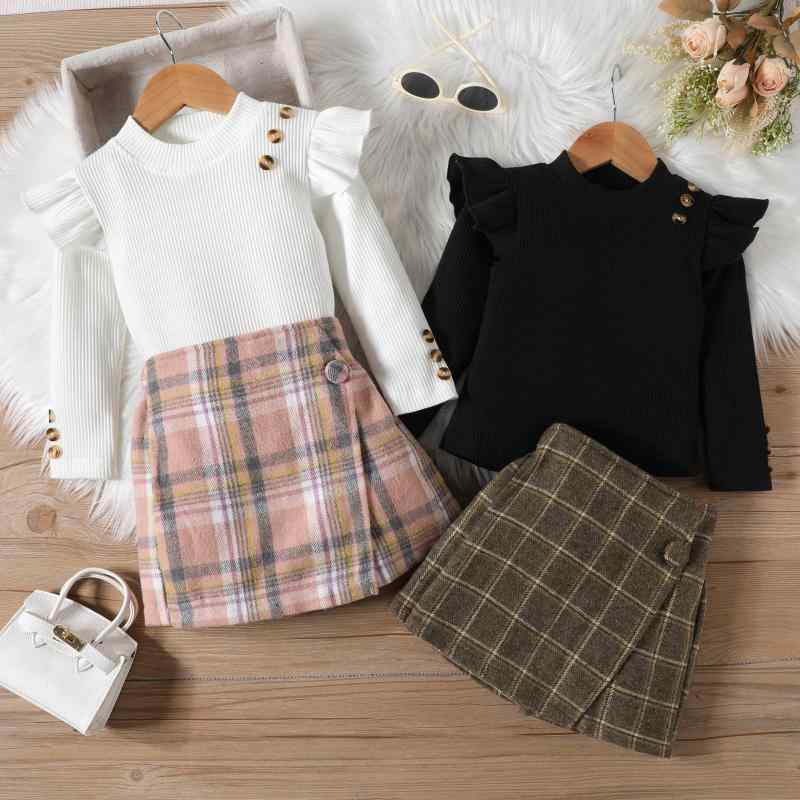 子供用セットアップ 秋冬 長袖トップス チェック柄スカート付きパンツ 2点セット 女の子 3歳 4歳 5歳 6歳 7歳 8歳 90cm 100cm 110cm 120cm 130cm ホワイト ブラック カーキ ワインレッド 普段着 おしゃれ着 かわいい