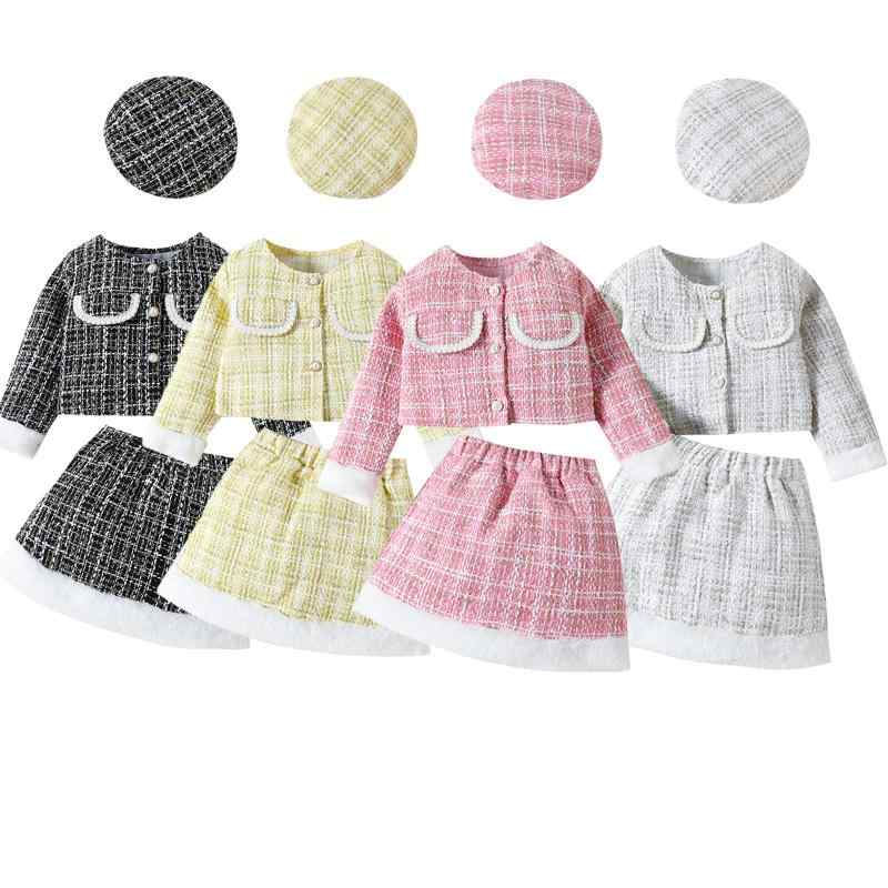 子供服 女の子 韓国風 ジャケット スカート 帽子 3点セット セットアップ 秋冬 格子柄 普段着
