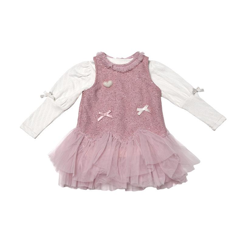 ワンピース キッズ 女の子 チュール 蝶結び ハート柄 プリンセス風 セットアップ 春秋 長袖 ピンク系