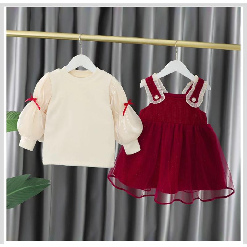 子供用ツーピーススカート 女の子 甘い サスペンダースカート セットアップ 裏起毛 冬服 厚手 プリンセススカート 赤 ベージュ トップス 長袖 ミドル丈スリーブ 90cm 100cm 110cm 120cm
