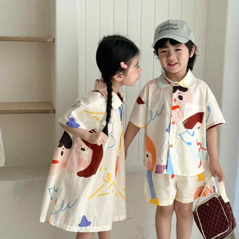 シャツ & ワンピース キッズ 子供服 半袖 短パン 2点セット 夏服 薄手 綿100％ 幼児 小学生 男の子 女の子 兄弟 姉妹 ペアコーデ 80cm 90cm 100cm 110cm 120cm 130cm 140cm 150cm