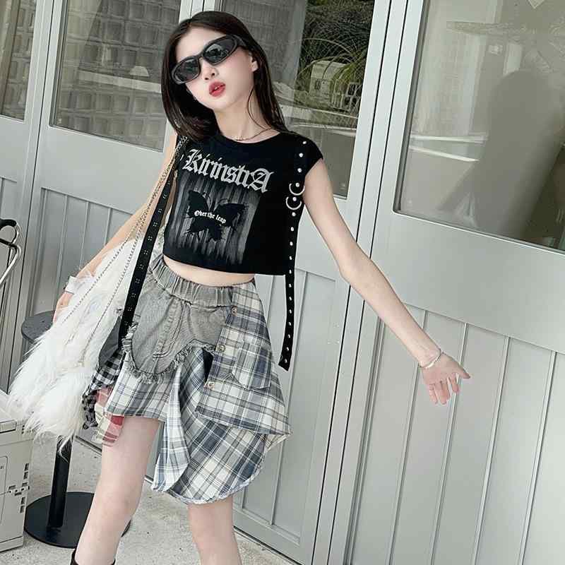 子供服 女の子 デニムスカート セットアップ へそ出し トップス ショートパンツ ダンス 衣装 夏物 120cm 130cm 140cm 150cm 160cm 170cm
